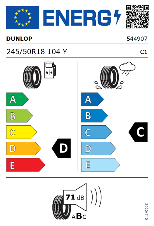 Tyre Label for Dunlop SP SPORTMAXX GT 245/50R18 104Y