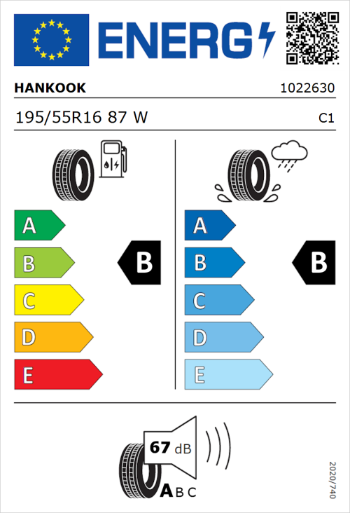 Tyre Label for Hankook Ventus Prime 3 K125 195/55R16 87W