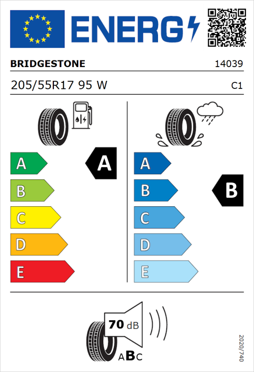Tyre Label for Bridgestone Turanza T005 205/55R17 95W