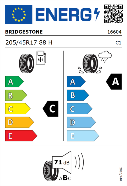 Tyre Label for Bridgestone Turanza T005 205/45R17 88H