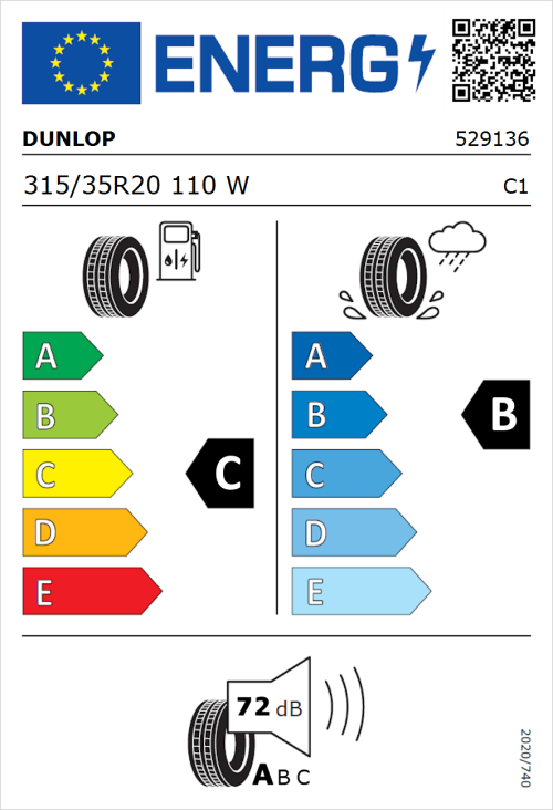 Tyre Label for Dunlop SP SPORTMAXX GT 315/35R20 110W